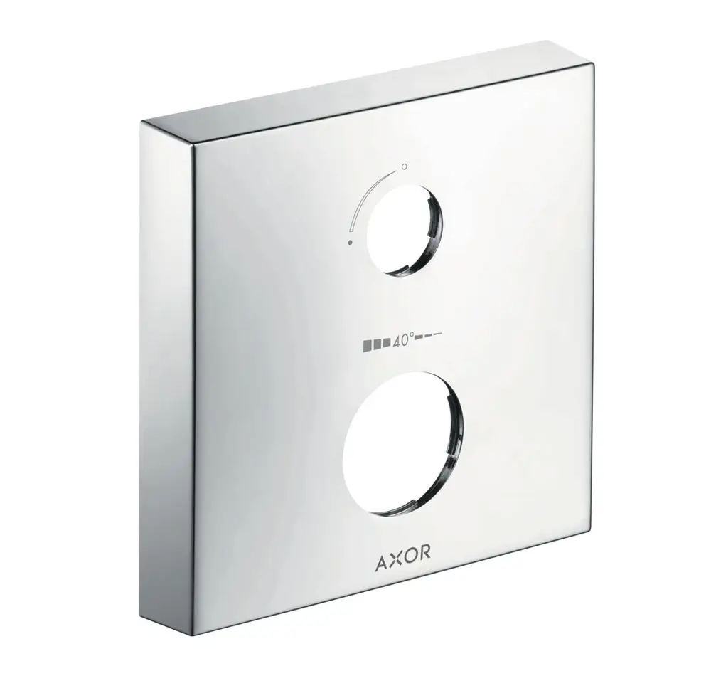 Verchromte Steuerplatte mit zwei Öffnungen und Mengenregulierung, geeignet für Hansgrohe Armaturen. Minimalistisches Design mit gekennzeichnetem Temperaturbereich.